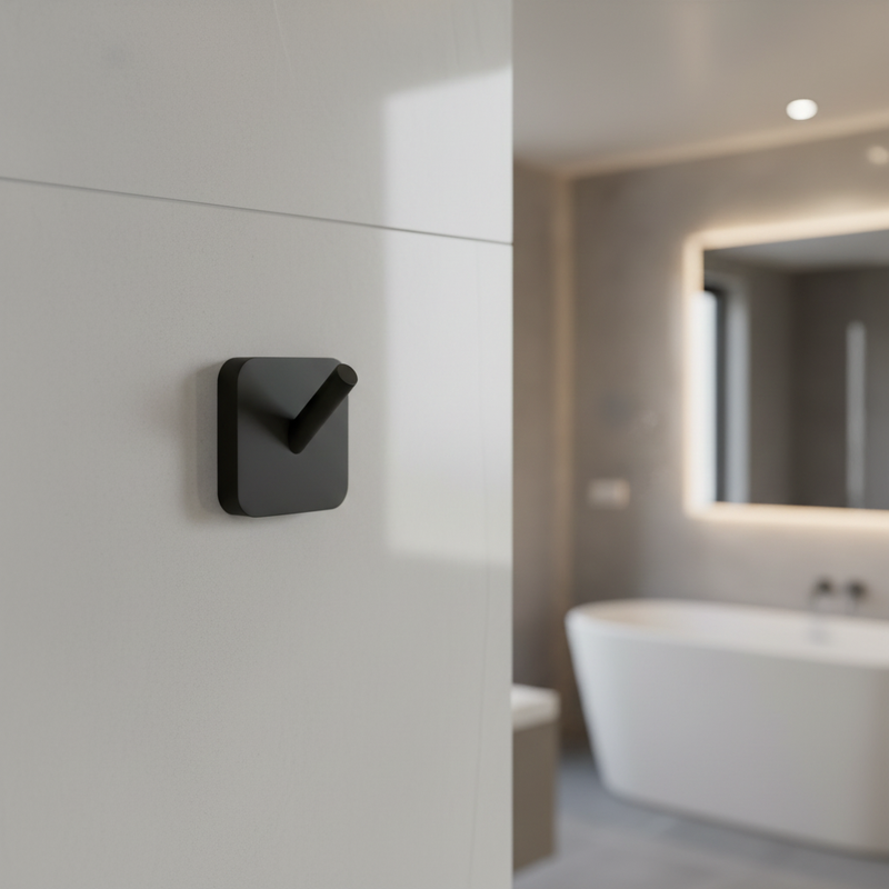 Matte black square robe hook mounted on bathroom wall