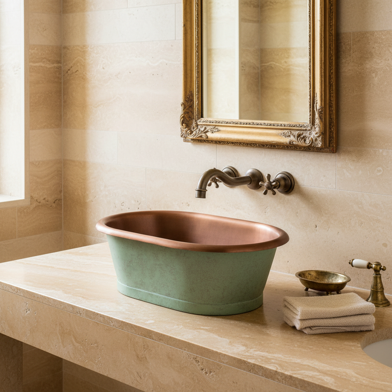 Verdigris green and copper oval countertop basin on warm travertine counter in a bright luxury artisan bathroom setting
