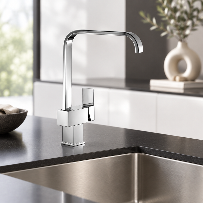 Kartell square mono kitchen sink mixer tap in polished chrome in a minimalist black and white kitchen