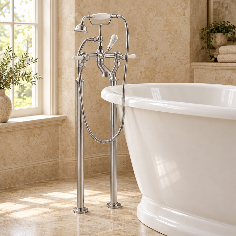 Traditional freestanding bath shower mixer with handset beside a white bathtub in a limestone bathroom