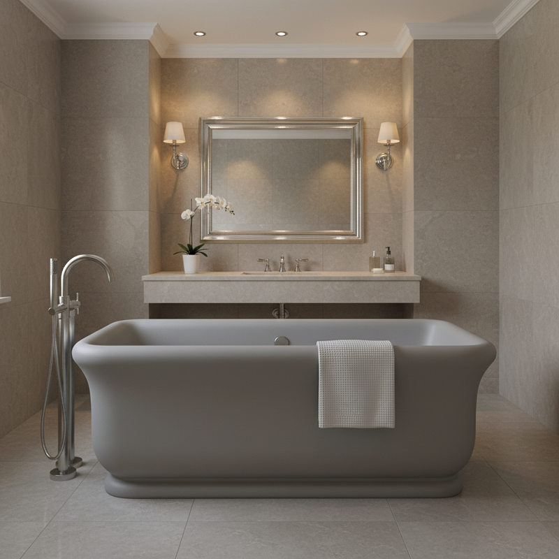 BC Designs Senator grey solid surface freestanding rectangular bath in a warm limestone luxury bathroom setting