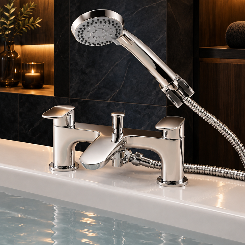 Chrome bath shower mixer with square lever handles and handset installed on a white bathtub against dark stone tile and wood in warm light