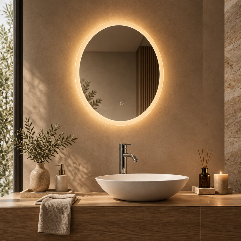 Oval warm backlit bathroom mirror above a vessel basin in a contemporary neutral bathroom