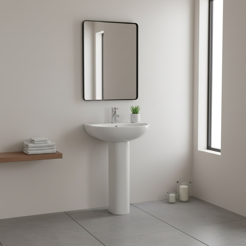 Kartell Kameo 500mm basin with full pedestal styled in a luxury contemporary bathroom setting