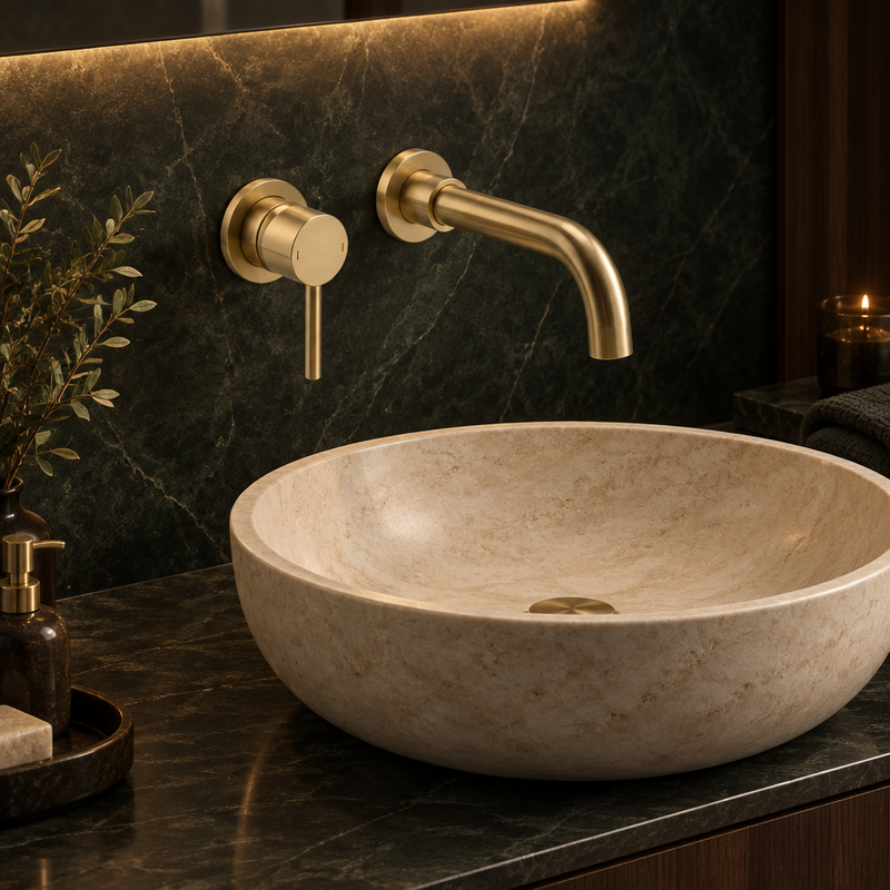 Brushed-brass wall-mounted basin mixer with curved spout above a pale stone countertop vessel basin against dark stone and wood in warm lighting