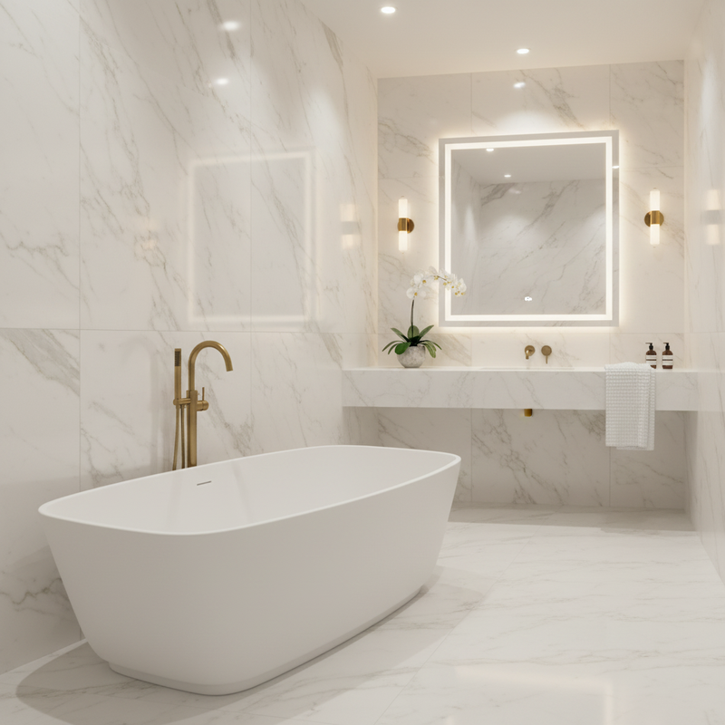 BC Designs Divita white solid surface freestanding square-oval bath in a Calacatta marble luxury spa bathroom setting