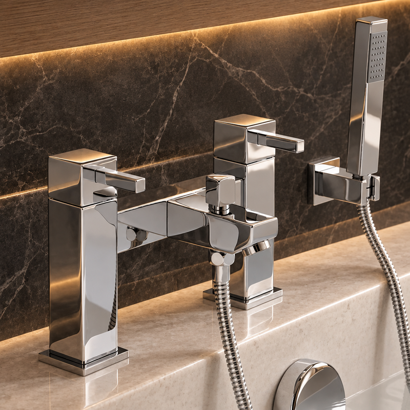 Polished chrome square bath shower mixer with handheld shower against dark charcoal marble and warm oak-accent lighting