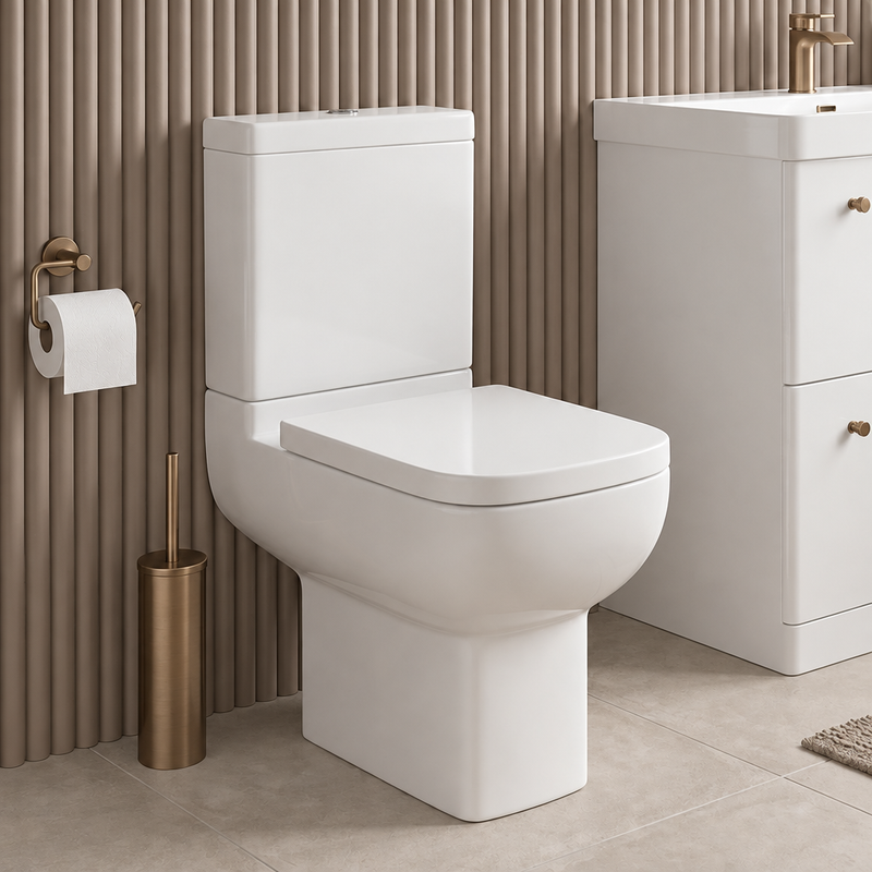 White close-coupled toilet with cistern and seat against taupe ribbed bathroom wall with greige floor tiles
