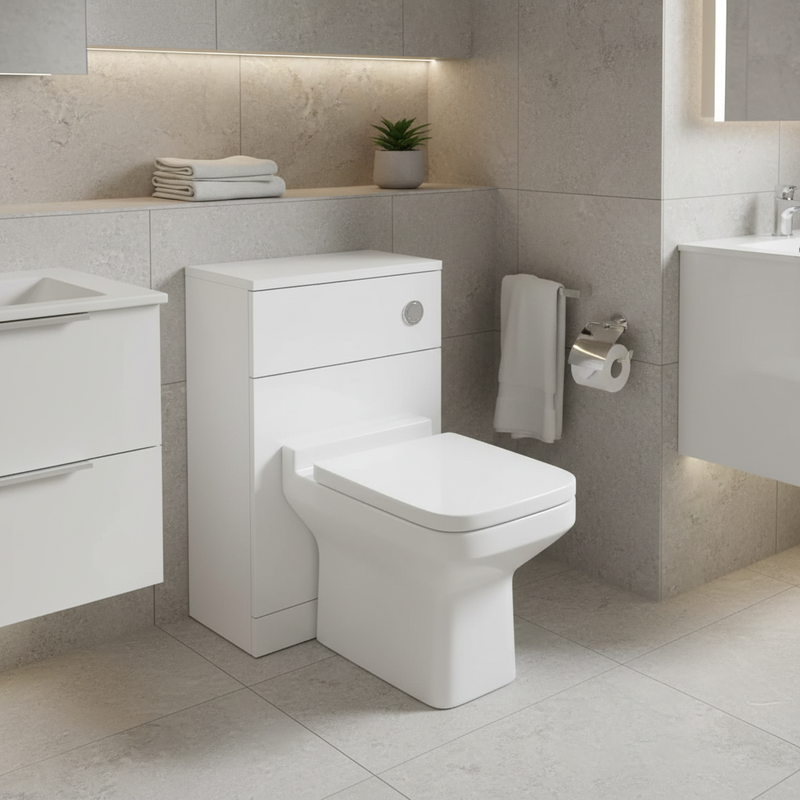 Kartell Pure gloss white floor-mounted back-to-wall WC unit in a contemporary spa-inspired bathroom setting
