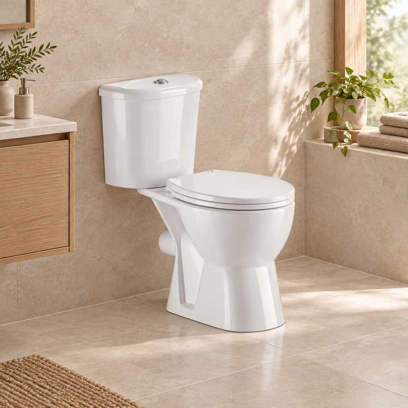 White Kartell Proton close-coupled toilet styled in a warm modern bathroom