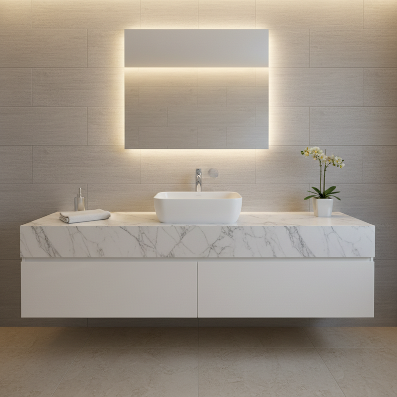White soft square countertop basin on marble vanity in luxury contemporary bathroom