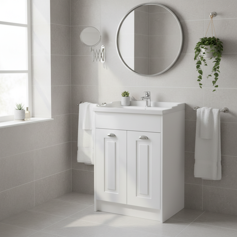 Kartell Astley 600mm matt white floor standing vanity unit with doors closed, styled in a bright designer bathroom setting