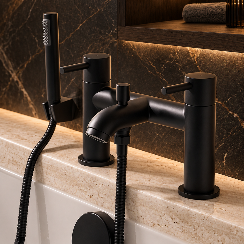 Matt-black Kartell Nero Round bath shower mixer with handset against charcoal marble and pale travertine with warm lighting