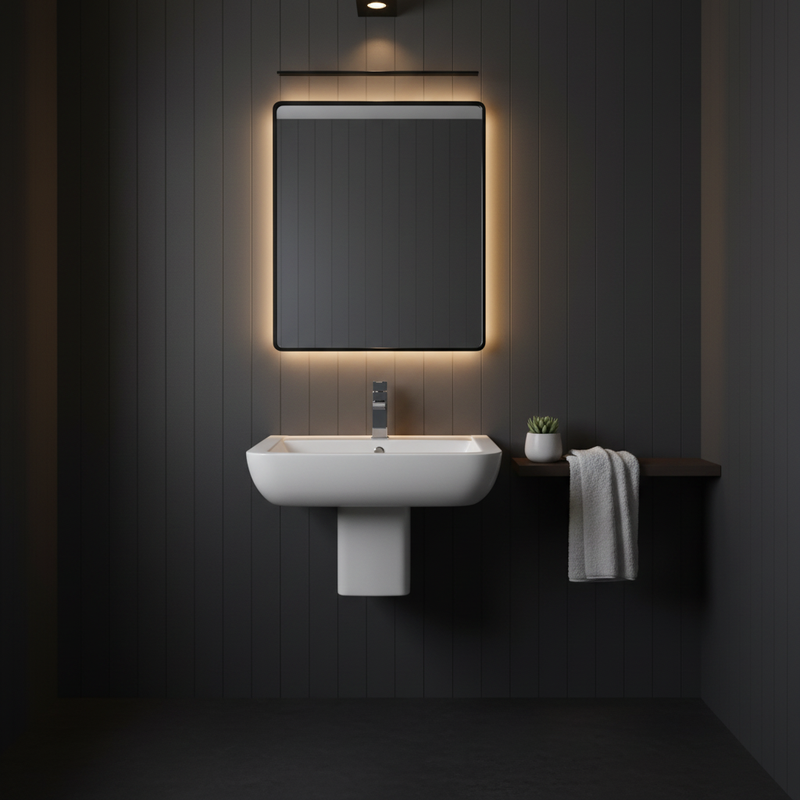 Kartell Studio Square basin with semi-pedestal styled in a luxury cloakroom setting