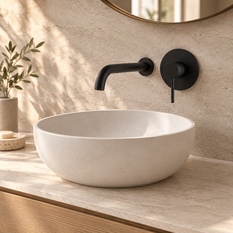 Kartell Nero matt-black wall-mounted basin mixer with curved spout positioned over a raised pale stone countertop vessel basin