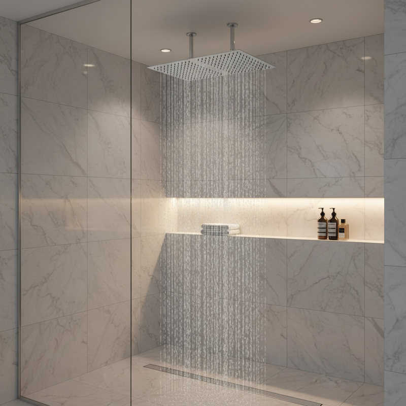 Hudson Reed ceiling mounted rain shower head with dual arms in a luxury walk-in shower setting