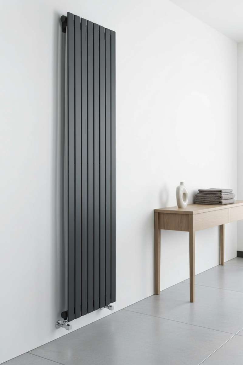 Kartell Boston Steel Anthracite Single Panel Vertical Designer Radiator in a modern interior