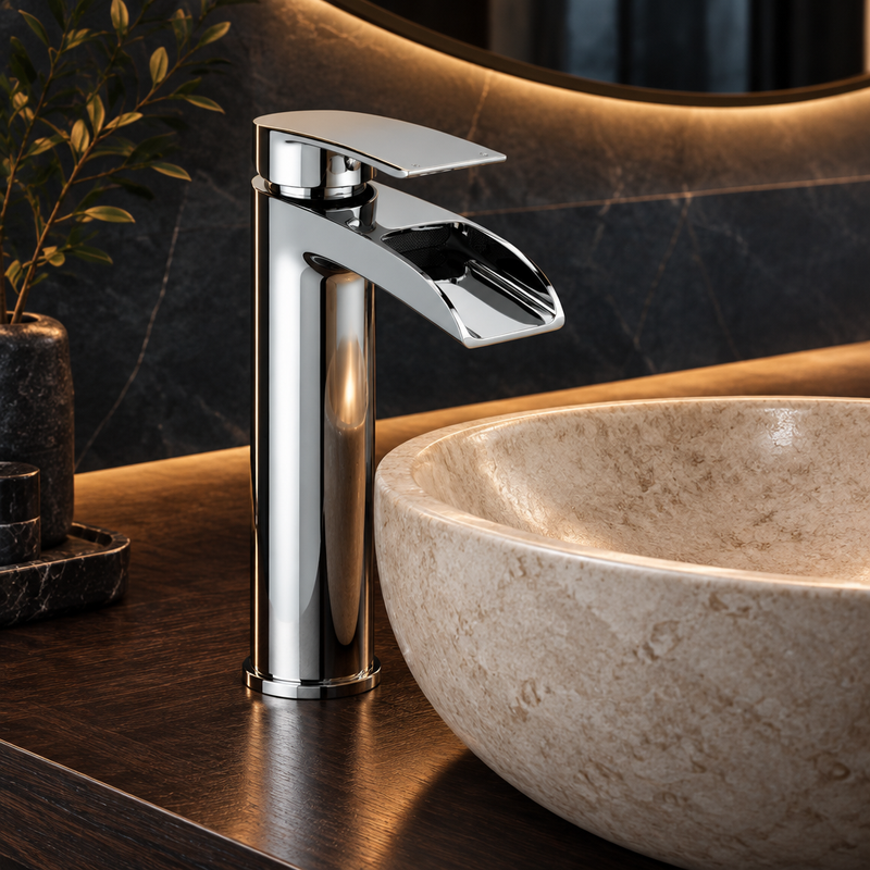 Trisen Merion tall polished chrome basin mixer with waterfall-style spout beside a pale stone vessel basin on a dark counter with warm bathroom lighting