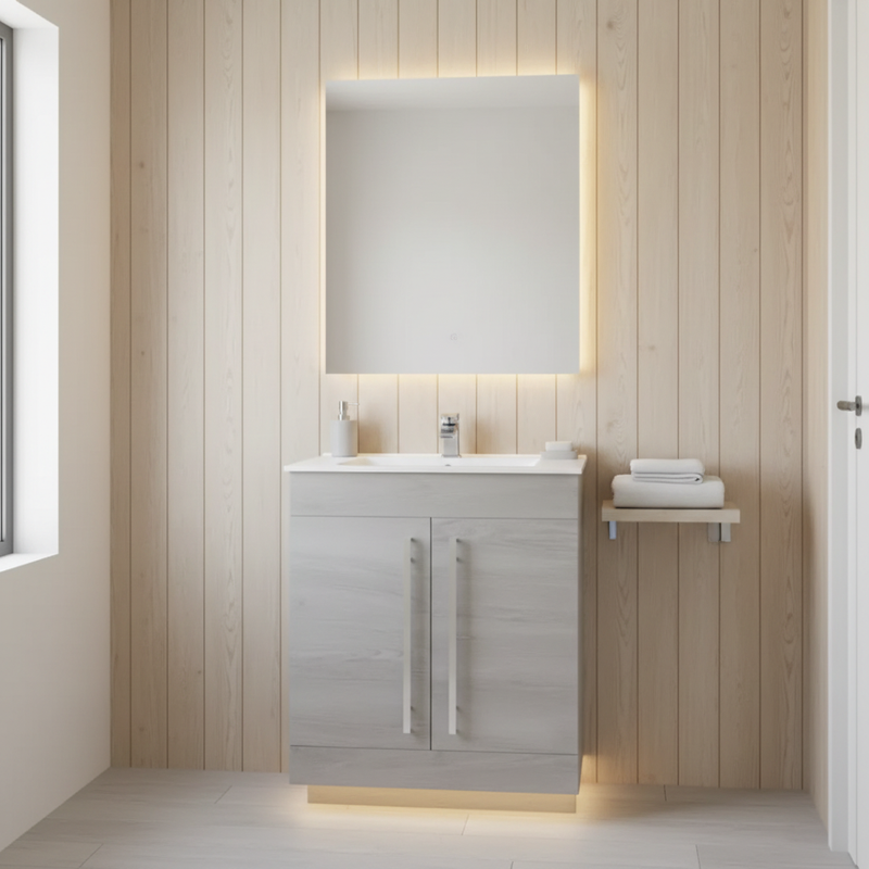 Light grey wood-effect two door floor-standing vanity unit with basin in a natural bathroom setting