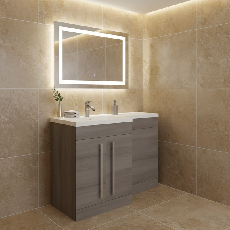 Kartell Matrix 1100mm silver oak L-shaped 2-door vanity unit with integrated basin in a contemporary designer bathroom