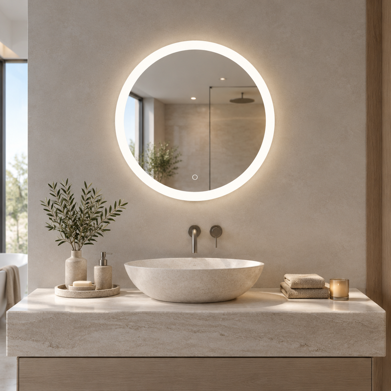 Round illuminated bathroom mirror with bright white light above a basin
