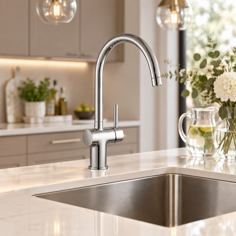 Kartell single handle mono kitchen sink mixer tap in polished chrome in a modern taupe kitchen