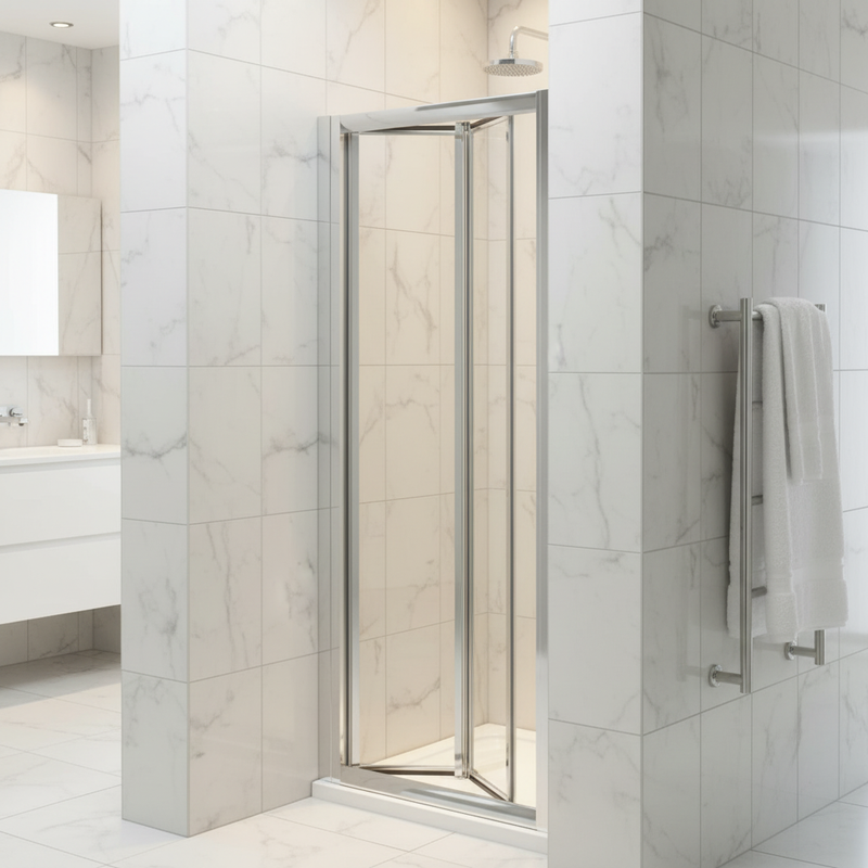 Kartell KV6 chrome bi-fold shower door installed in a luxury marble-tiled bathroom recess with rainfall shower head