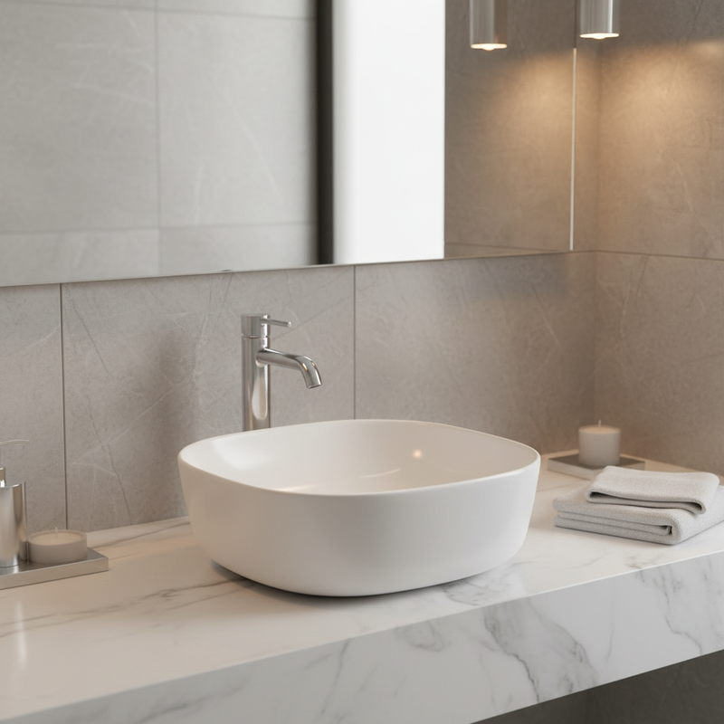 White rounded square countertop basin on marble bathroom counter with chrome tap