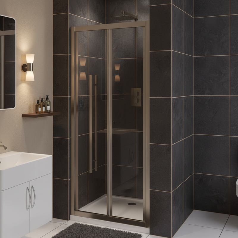 Brushed nickel bi-fold shower door in a sophisticated charcoal slate-tiled luxury bathroom with warm ambient lighting