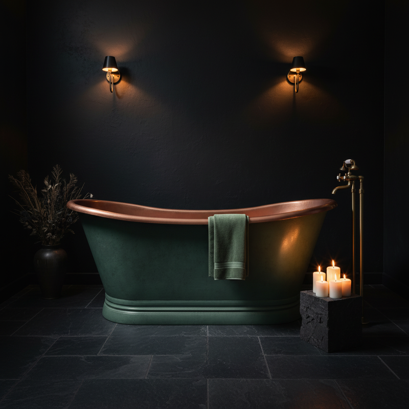 BC Designs verdigris green exterior and copper interior freestanding boat bath in a dramatic dark luxury bathroom setting