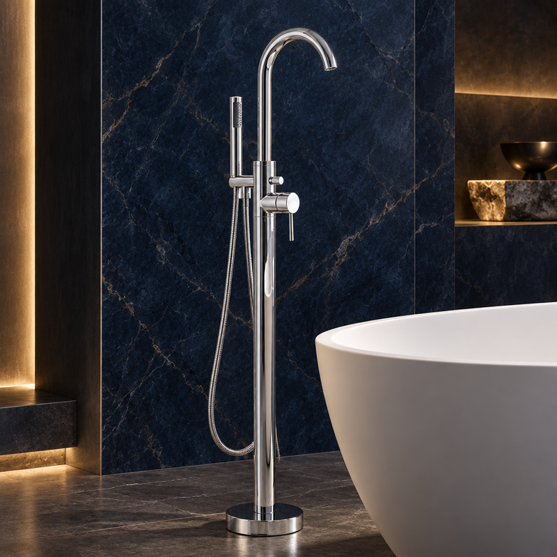 Chrome Kartell Plan freestanding bath shower mixer beside a white bath against midnight-blue stone with warm architectural lighting