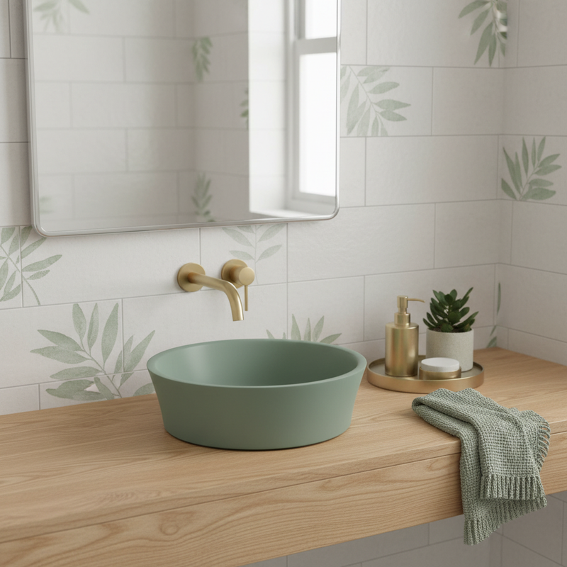 Matte sage green round solid surface countertop basin on light oak counter in a bright luxury bathroom setting