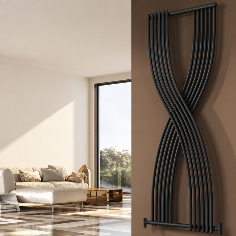 Dark sculptural radiator in a sunlit neutral designer living room