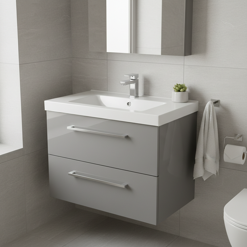 Storm grey gloss wall-mounted vanity unit with two soft-close drawers, integrated ceramic basin and chrome mono tap in a bright modern bathroom setting