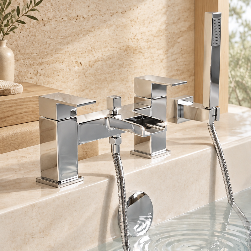 Chrome Phase bath shower mixer with handset and hose against warm ivory travertine and pale stone