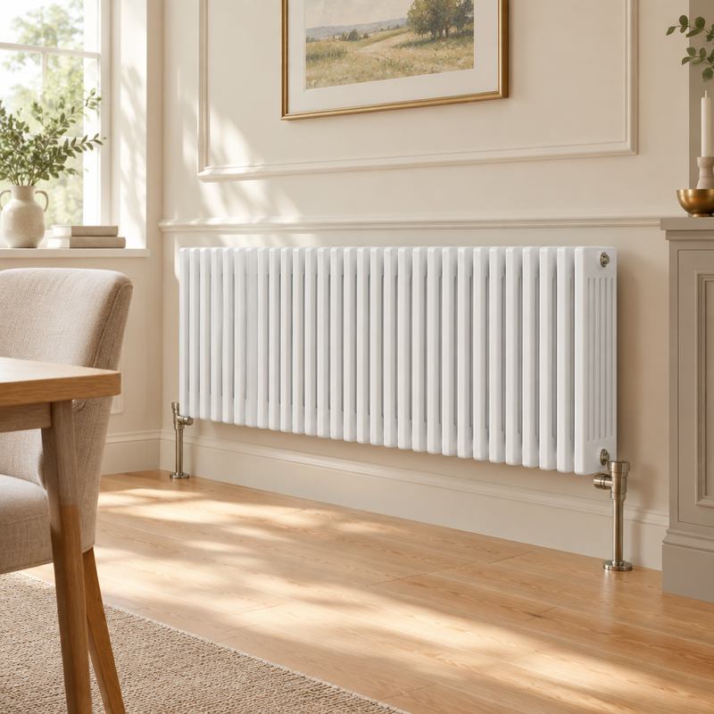 Wyvern Classico white horizontal six-column radiator mounted in a bright, elegant dining room