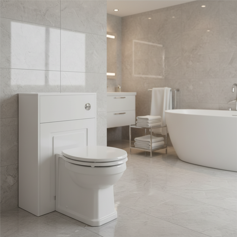 Traditional back-to-wall WC unit with classic panel detail in a luxury marble-tiled bathroom setting