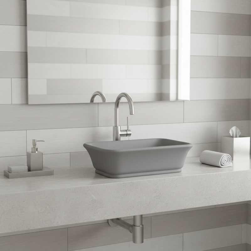 Matte grey rectangular solid surface countertop basin on light grey stone counter in a bright luxury bathroom setting