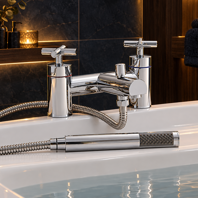 Kartell Times polished chrome bath shower mixer with crosshead controls and handset installed on a white bathtub against dark tile and timber in warm lighting