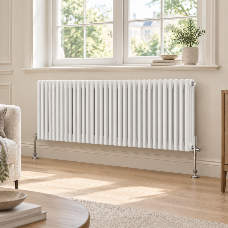 Wyvern Classico white horizontal column radiator beneath a window in a bright, elegant living room; styled room shown for illustration