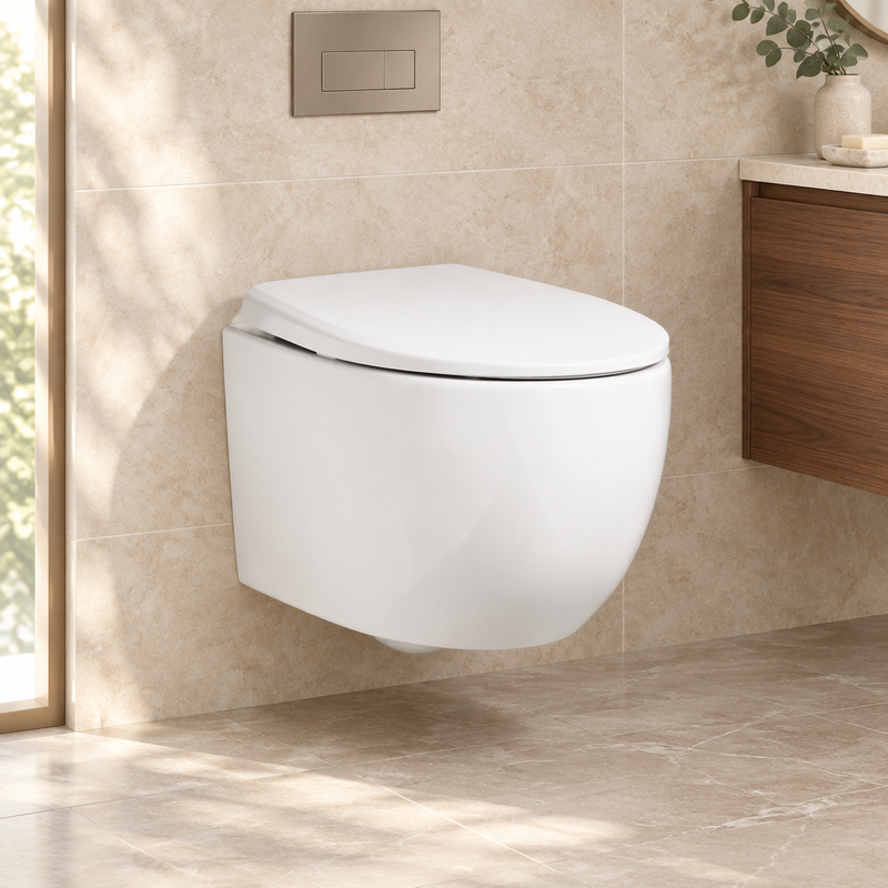 White wall-hung toilet mounted above the floor in a limestone bathroom, with a wall flush plate shown for styling