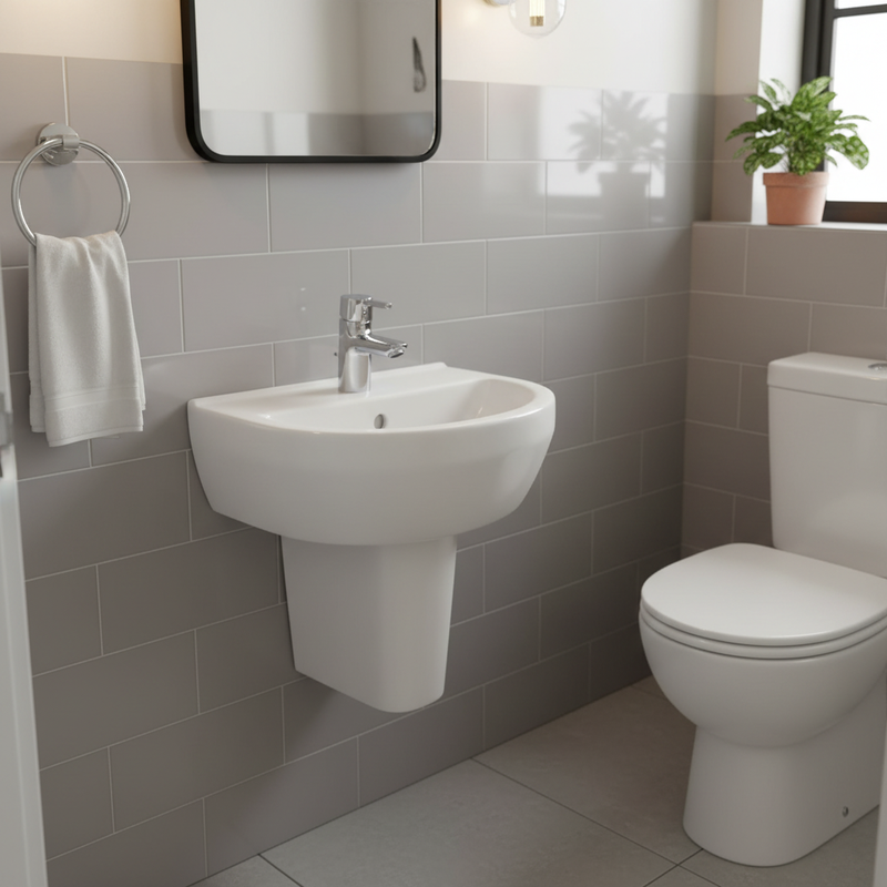 White semi-pedestal cloakroom basin with chrome mono tap installed in a stylish compact cloakroom with grey metro tiles