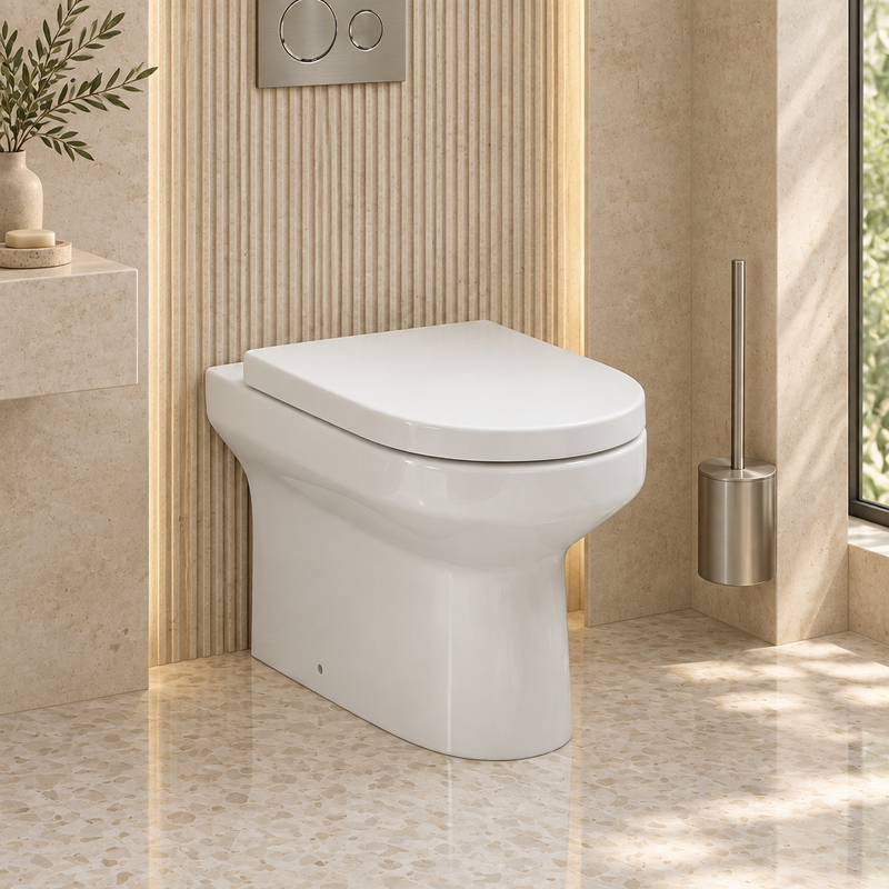 White floor-standing back-to-wall toilet with closed seat in a light limestone designer bathroom