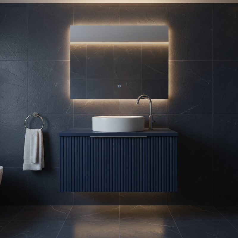 Hudson Reed navy blue ribbed wall-hung single drawer vanity worktop unit with round white vessel basin sitting on top and tall chrome tap, styled in a sophisticated dark designer bathroom