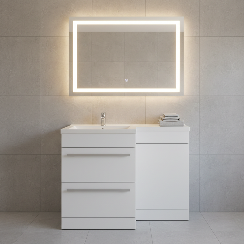 Kartell Matrix 1100mm white gloss L-shaped 2-drawer vanity unit with integrated basin in a contemporary designer bathroom