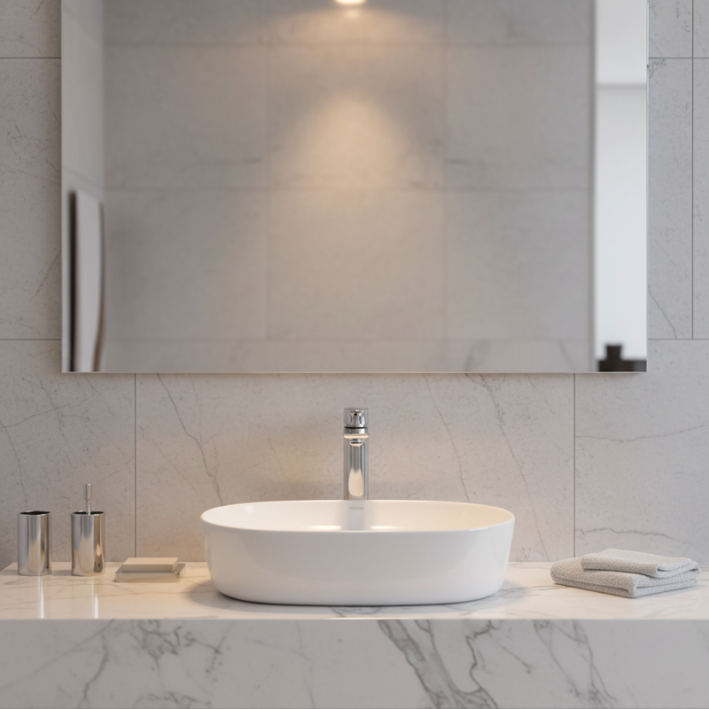 White oval countertop basin on marble bathroom counter with chrome tap - front view