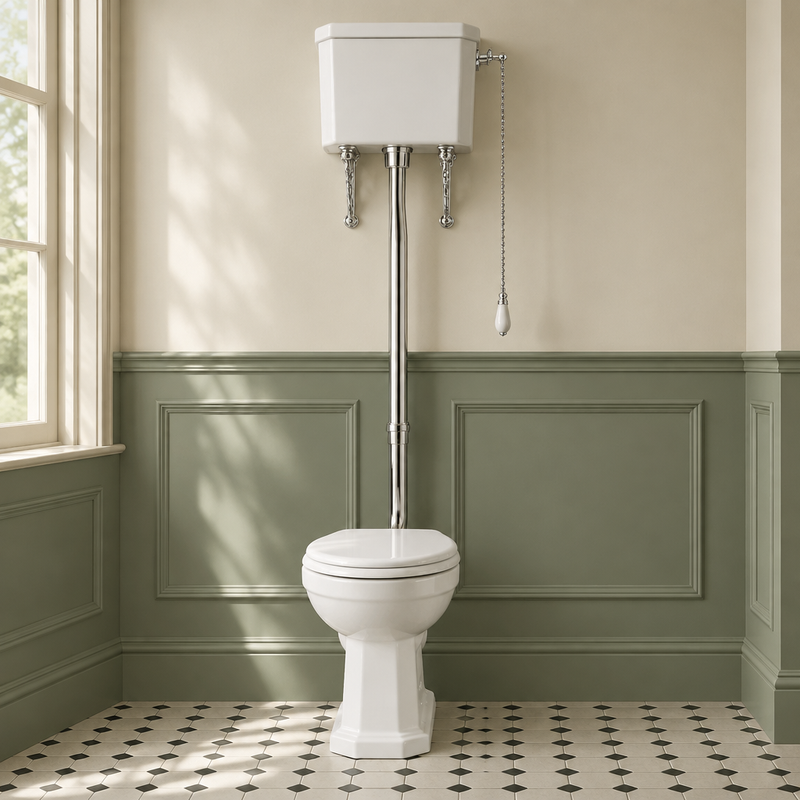 White high-level toilet with chrome flush pipe and pull chain in a traditional bathroom setting