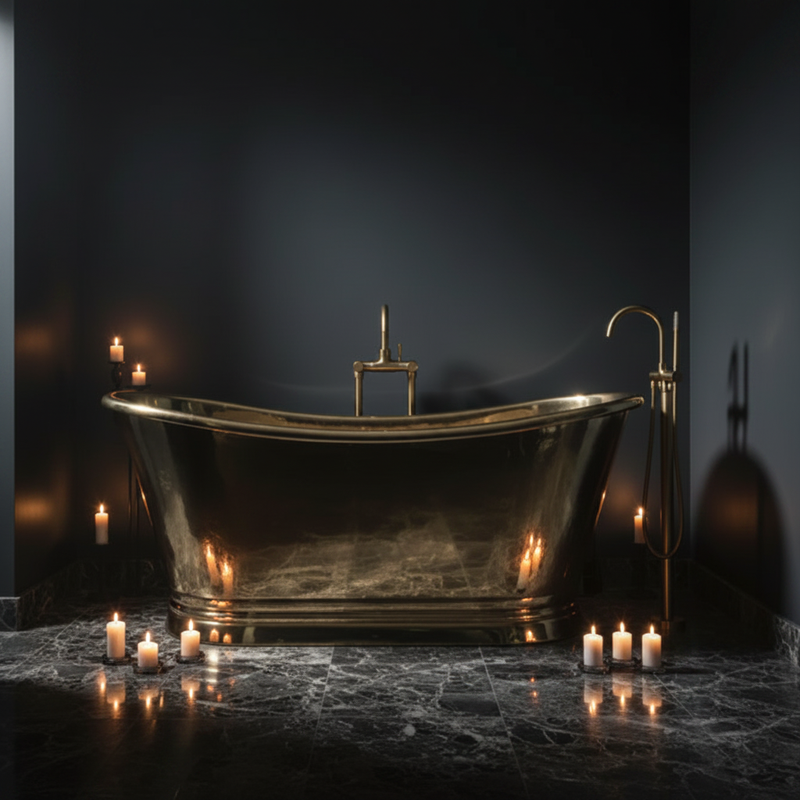 Dark moody luxury bathroom with brass freestanding boat bath and candlelight