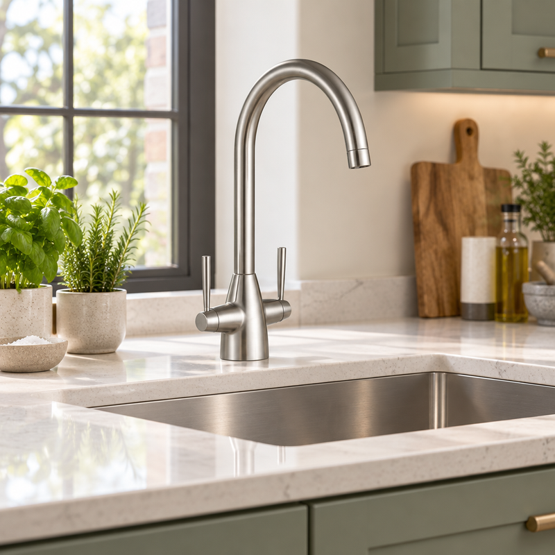 Kartell Mono Kitchen Sink Mixer Tap Dual Handle, Brushed Steel