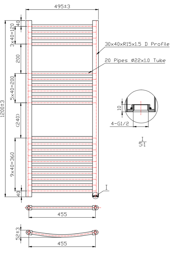 Kartell 22mm Straight Towel Rail 500mm x 1200mm - Brushed Brass